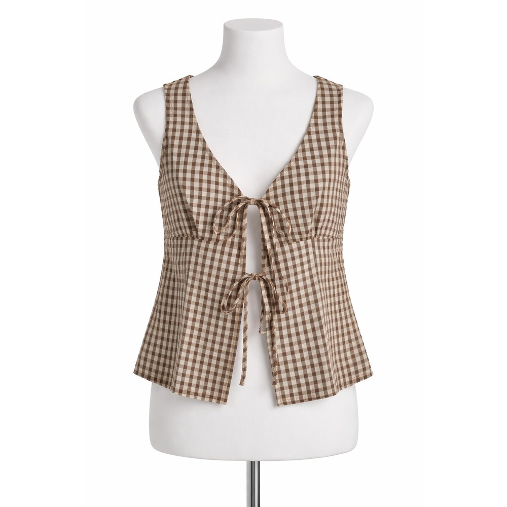 Vigoss Womens Brown‎ Gingham Tie Front Sleeveless Top Cottagecore Size L